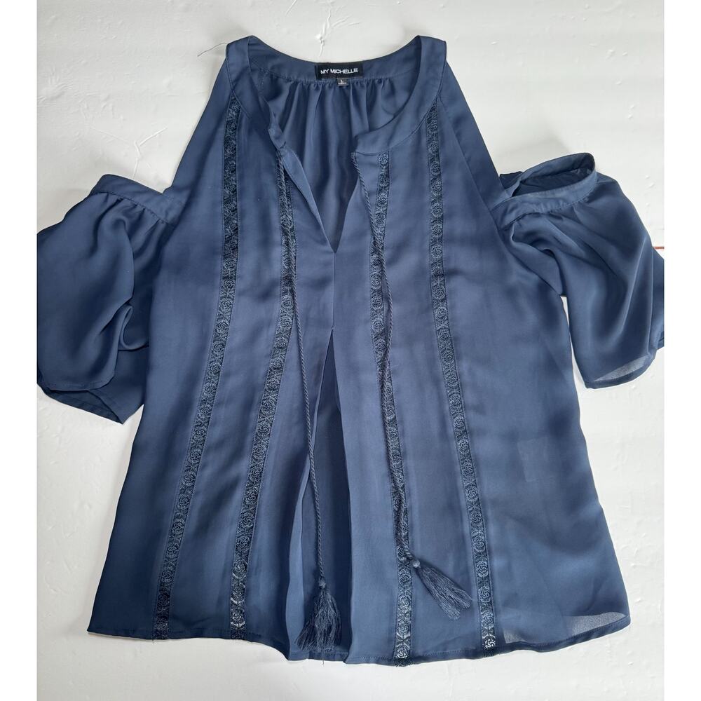 My Michelle Blue Cold Shoulder Blouse Women’s Large Sheer Boho Tassel Top